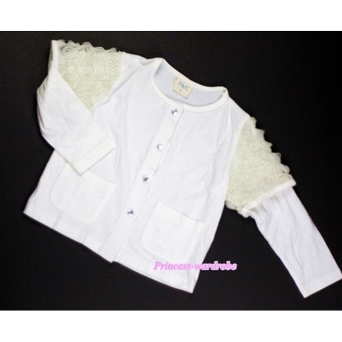 Pure White Long Sleeve Coat with Cream White Rosettles T450 
